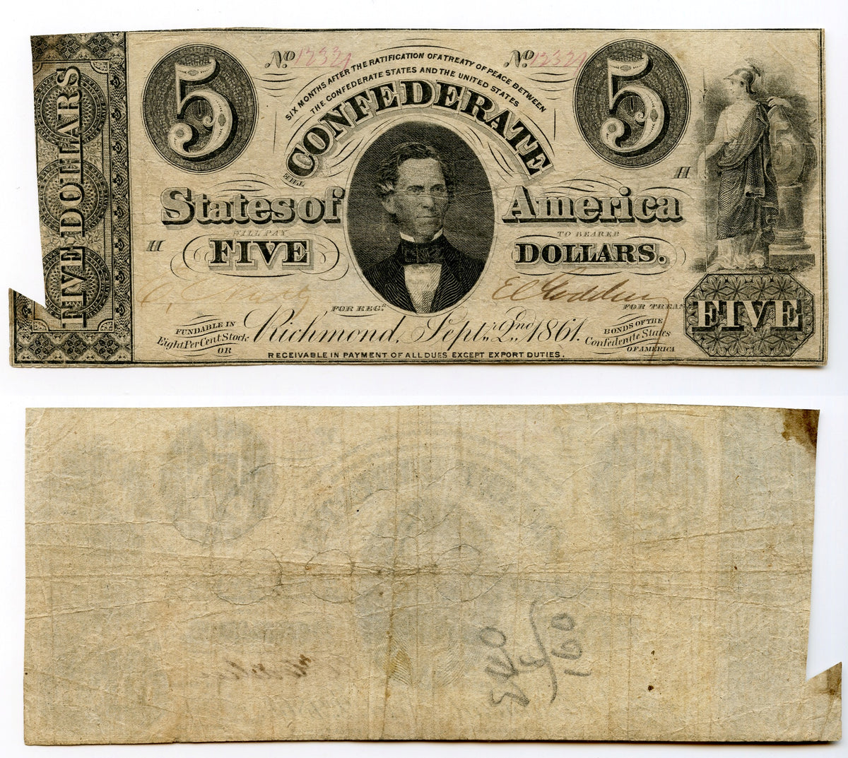 Nice 1861 Confederate State of America (CSA) 5 Note (T34, Criswell