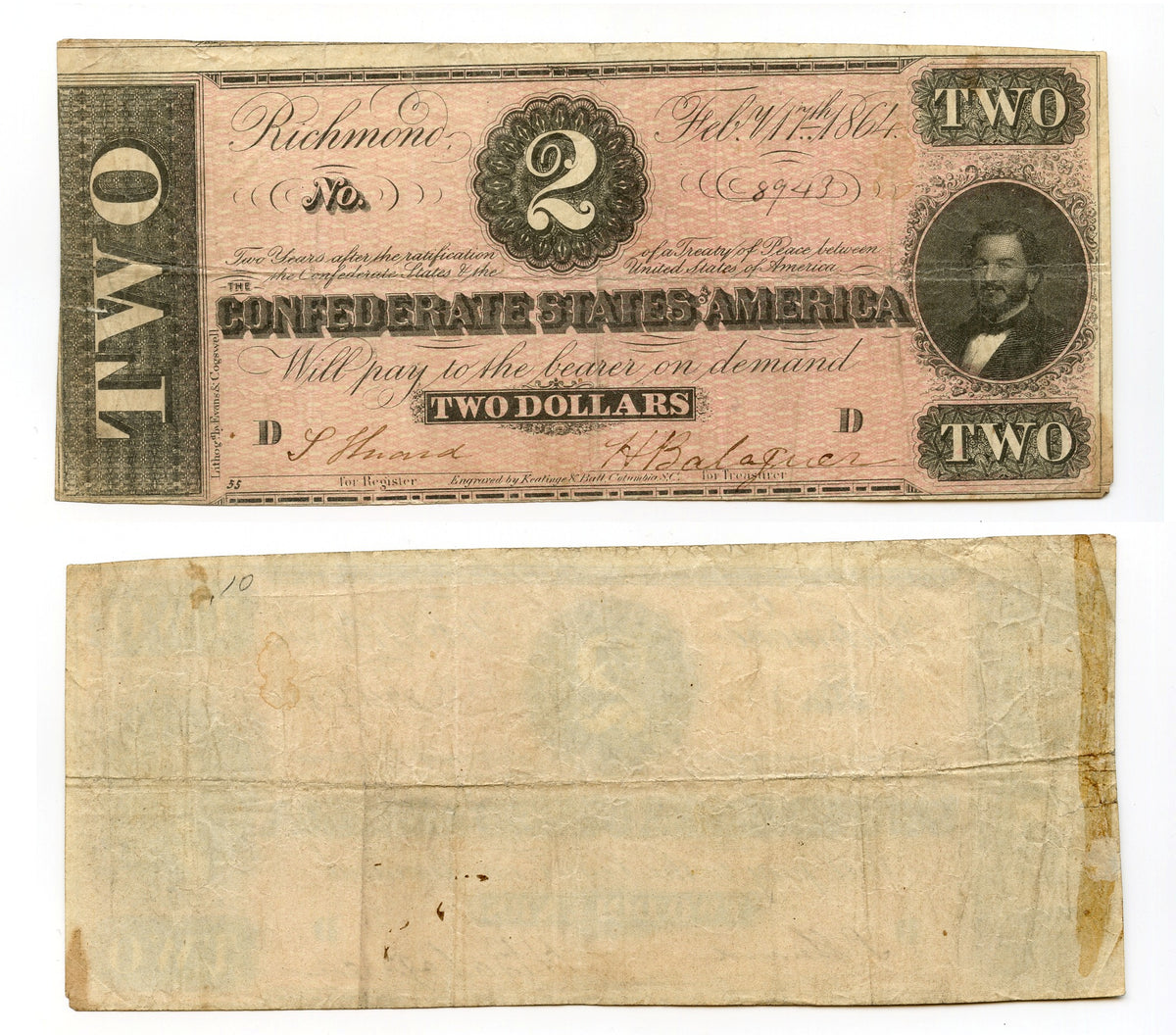 Nice 1864 Confederate State of America (CSA) 2 Note (T70, Criswell
