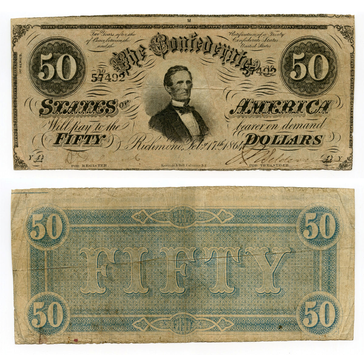 Nice 1864 Confederate State of America (CSA) 50 Note (T66, Criswell