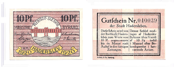 10pf  Notgeld note, 1920, Hadersleben, Germany.