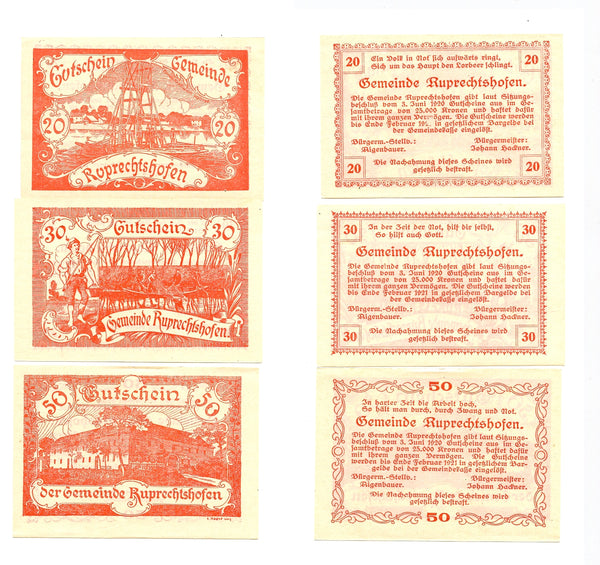 Set of 3 different notgeld paper money, 1920, Ruprechtshofen, Austria