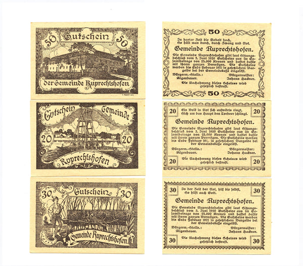 Set of 3 different notgeld paper money, 1920, Ruprechtshofen, Austria