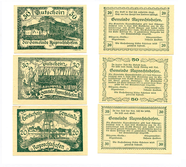 Set of 3 different notgeld paper money, 1920, Ruprechtshofen, Austria