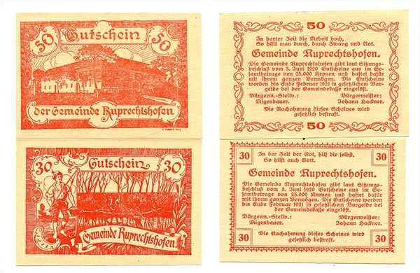 Set of 2 different notgeld paper money, 1920,  Ruprechtshofen, Austria