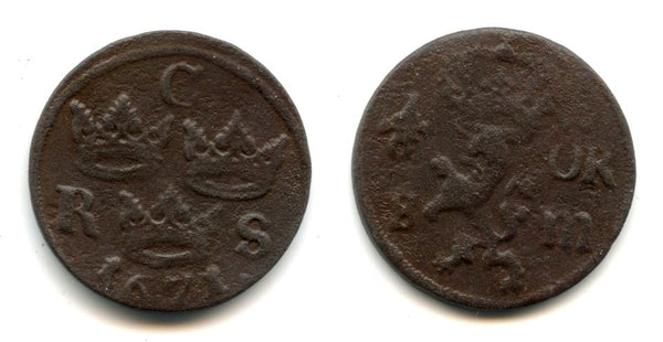 Large copper 1/6 ore of Carl XI (1660-94), 1671, Avesta mint, Kingdom of Sweden (KM 254)