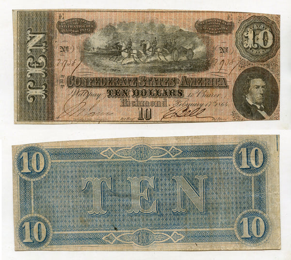 Nice 10$ note, Confederate States of America (CSA) - 1864, series 7 (T-68 #549A)