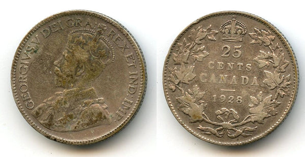 Silver 25 cents, 1928, King George V, Canada