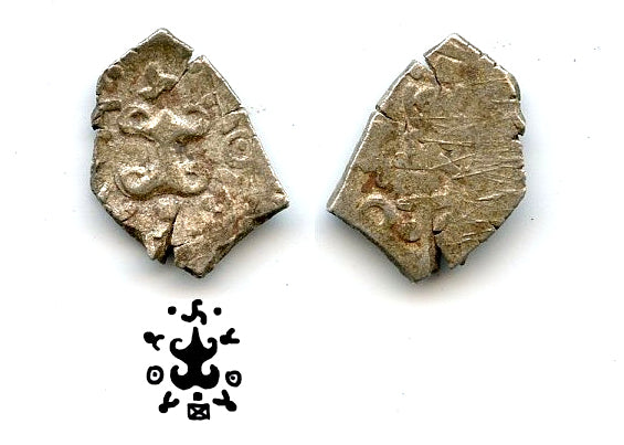 Overstruck silver 1/4 karshapana, Surashtra Janapada (c.450-300 BC), India
