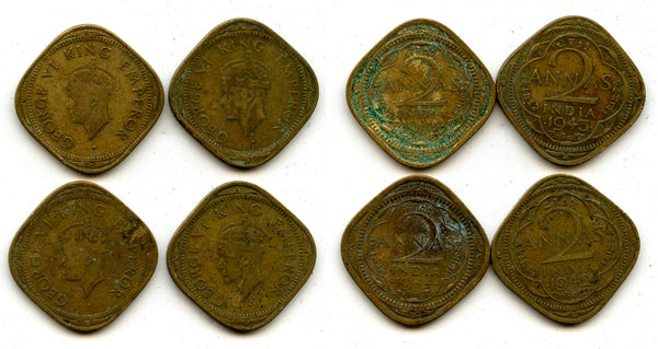 Lot of 4 square brass 2-annas of George VI, different dates (1940s), India