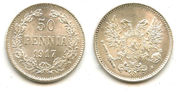 Silver 50 pennia, 1917, Civil War, Kerenski Government, Finland under Russia