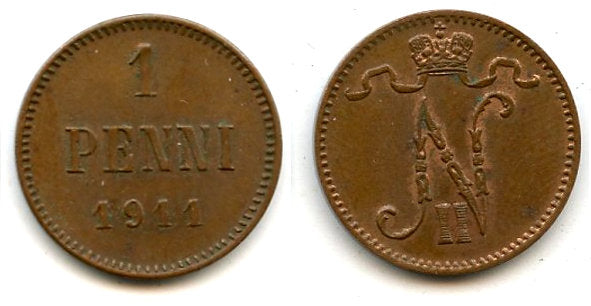 Copper 1 penni, Nicholas II (1894-1917), 1911, Finland under Russian Empire
