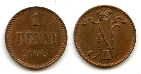 Copper 1 penni, Nicholas II (1894-1917), 1908, Finland under Russian Empire