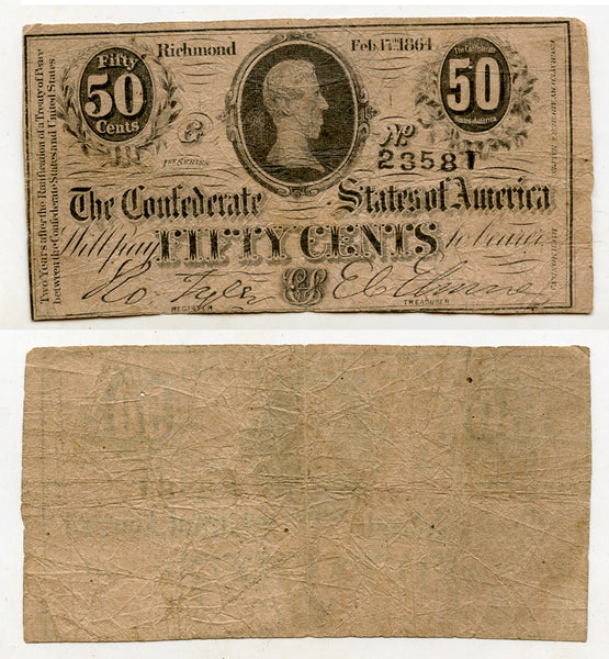 Confederate States of America (CSA) - 50 cent bill - February 17, 1864 - T-72
