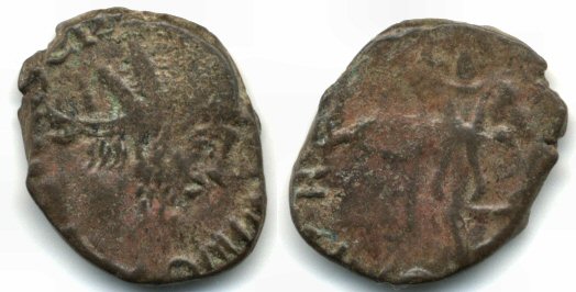 Ancient barbarous antoninianus of Tetricus I (ca.270-280 AD), crude type, hoard coin from France