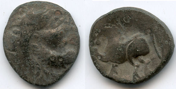 Eastern Celts, late issue billon tetradrachm, Kugelwange type, struck by the Skordoski in Syrmia, imitating Philip II of Macedon, 2nd century BC