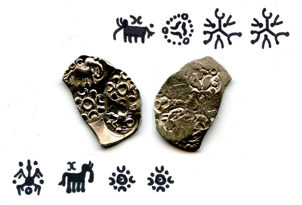 Extremely nice and rare double-sided coin! Silver punchmarked 1/2 karshapana from Cheitya Janapada, ca.400-300 BC, Ancient India