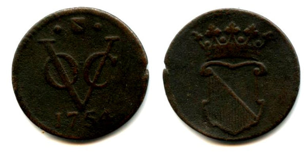 Rare and high quality Utrecht issue copper 1/2 duit issued by VOC (the Dutch East India Company), 1754, Dutch East India (KM#112.1)