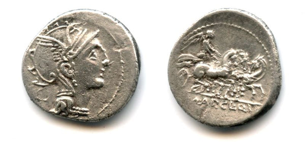 Silver denarius minted by Appius Claudius Pulcher, T. Mallius  Mancinus and Q. Urbinius, 110-110 BC, Roman Republic
