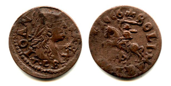 Nice copper solidus (schilling or szelag) dated 1666, Johann II Casimir (1648-1668), King of Poland and a Grand Duke of Lithuania - Lithuanian horseman type, TLB/KHPL monogram (KM #50)