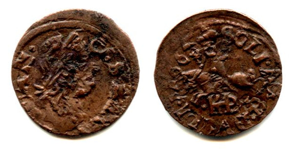 Nice copper solidus, 1664, Johann II Casimir (1648-68), Polish-Lithuanian Commonwealth (KM #50)