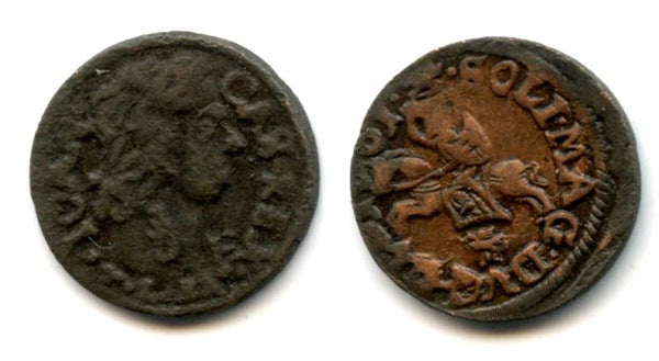 Nice copper solidus (schilling or szelag) dated 1661, Johann II Casimir (1648-1668), King of Poland and a Grand Duke of Lithuania - Lithuanian horseman type, TLB/"bird with wreath" (KM #50)