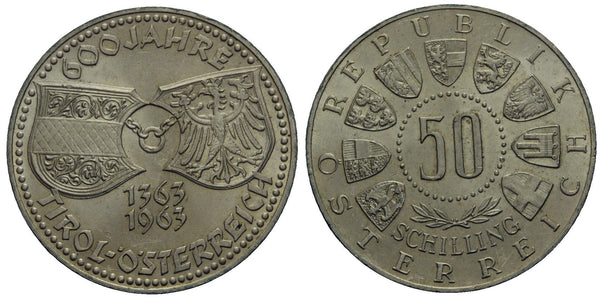 Austria - large silver 50-shilling - 600 of Tyrol-Austria union - 1963