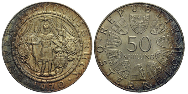 Austria - large silver 50-shilling - 700 of Innsbruck University - 1970 - nicely toned!