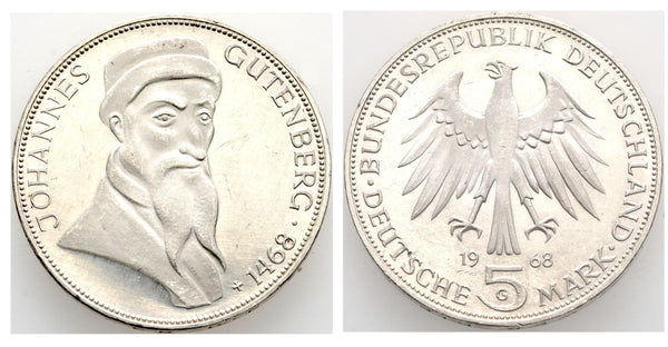 Germany - proof silver 5 marks - 1968-G (Karlsruhe) - 500th anniversary of the death of Johannes Gutenberg
