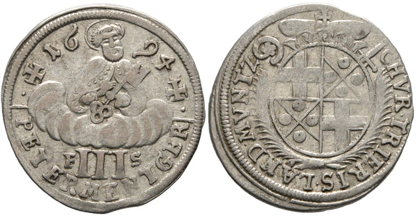 Large silver 3-albus, Archbishop Johann Hugo von Orsbeck (1676-1710), dated 1694, Koblenz mint, Archbishopric of Trier, Germany