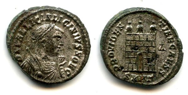 Silvered camp-gate follis of Licinius II (317-324 AD), Heraclea mint, Roman Empire