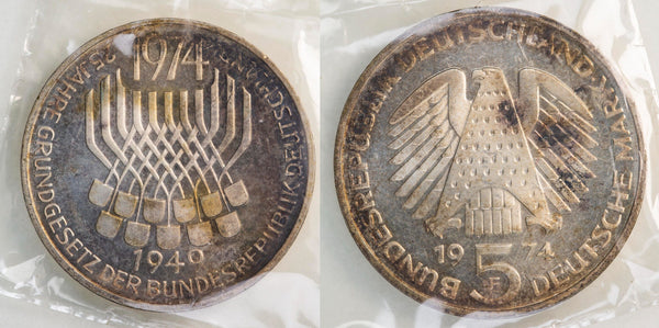 Proof silver 5 marks, 25th Constitutional Law, 1974 Germany