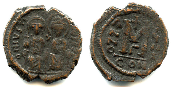 Bronze follis of Justin II (565-578 AD), dated to 573/574 AD, Constantinople mint, Byzantine Empire