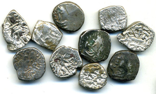 Lot of 10 silver drachms of King Kumaragupta I (414-455 AD) and Scandagupta (455-480 AD), Garuda and altar types, Gupta Empire