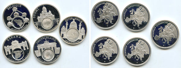 Lot of 5 different huge medals from the "European currencies" series, early 2000's
