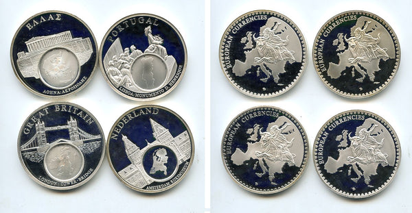 Lot of 4 different huge medals from the "European currencies" series, early 2000's