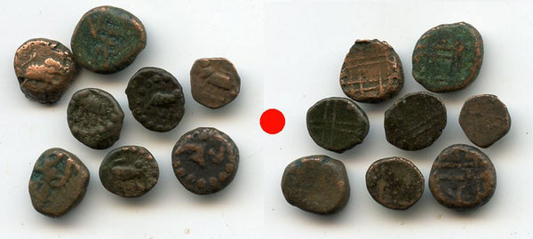 Lot of 8 various bronze kasu and 1/2 kasu, anonymous 18th century issues from Mysore, South India