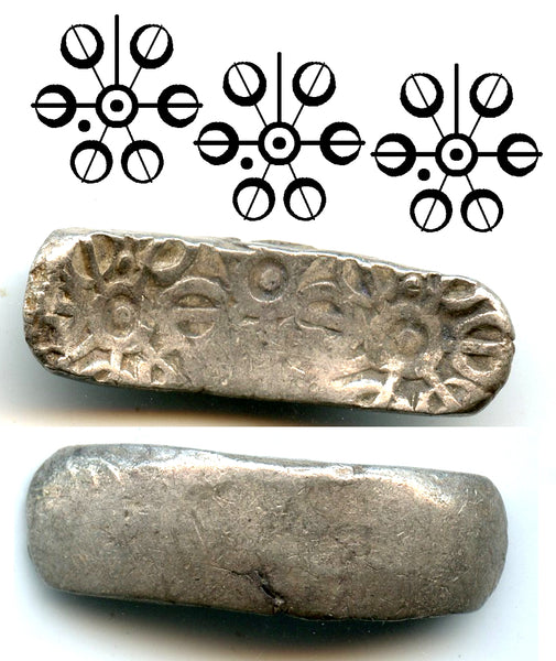 Unique type with 3 punches - earliest large silver shatamana (double siglos or bent bar) issue, Gandhara (ca.600-500 BC) - FIRST Indian coin issue every struck! Medium type.