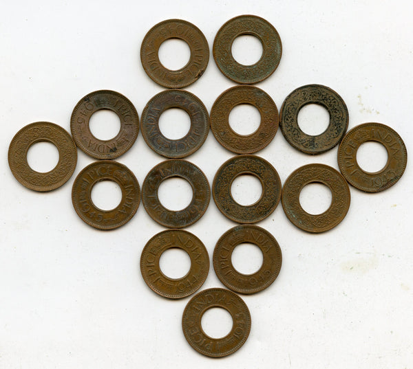 Lot of 15 bronze 1-pice coins of George VI, different dates (1943-47), India