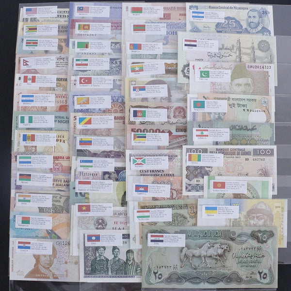 Collection of 100 uncirculated banknotes from 50 countries in labelled sleeves