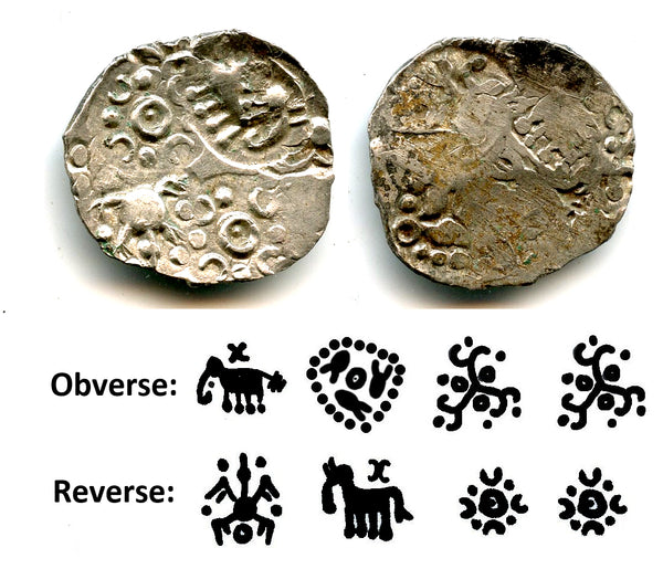 RRR double-sided silver 1/2 karshapana, Cheitya Janapada, ca.400-300 BC, India