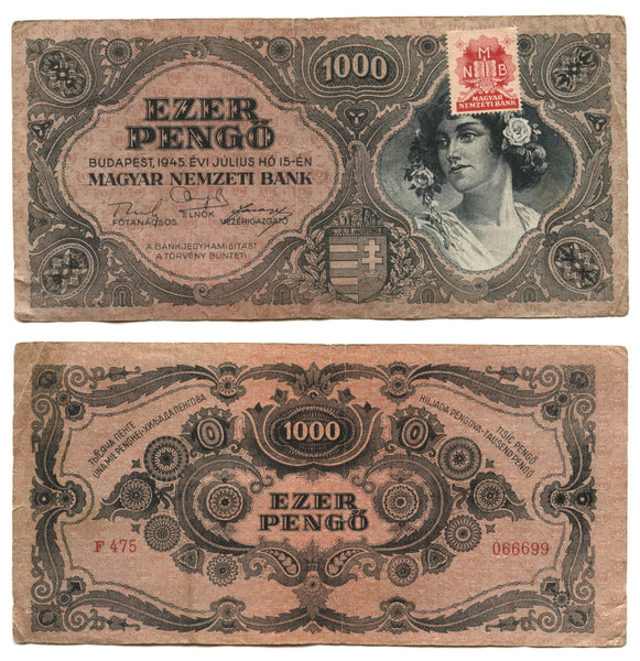 1000 pengo w/red adhesive stamp, 1945, Hungary (Pick-118b)