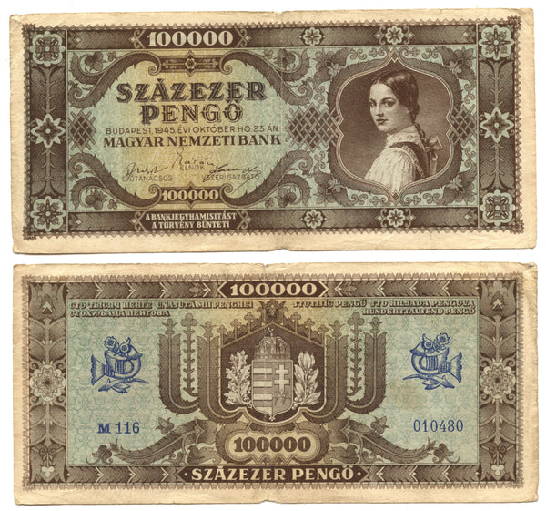 100000 pengo, 1945, Hungary (Pick-121)