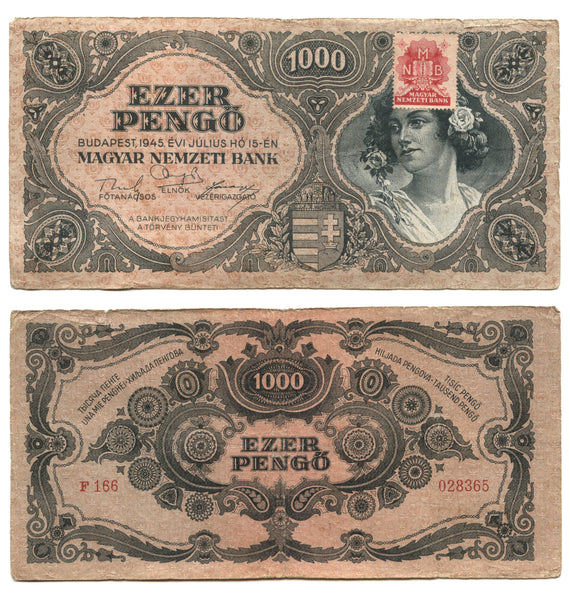 1000 pengo w/red adhesive stamp, 1945, Hungary (Pick-118b)