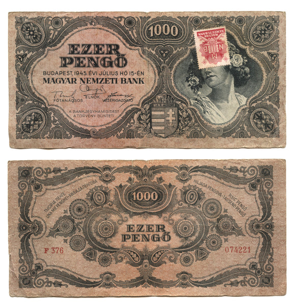 1000 pengo w/red adhesive stamp, 1945, Hungary (Pick-118b)