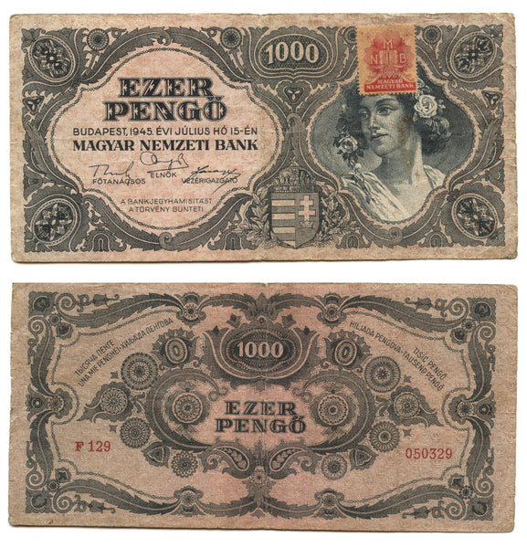 1000 pengo w/red adhesive stamp, 1945, Hungary (Pick-118b)