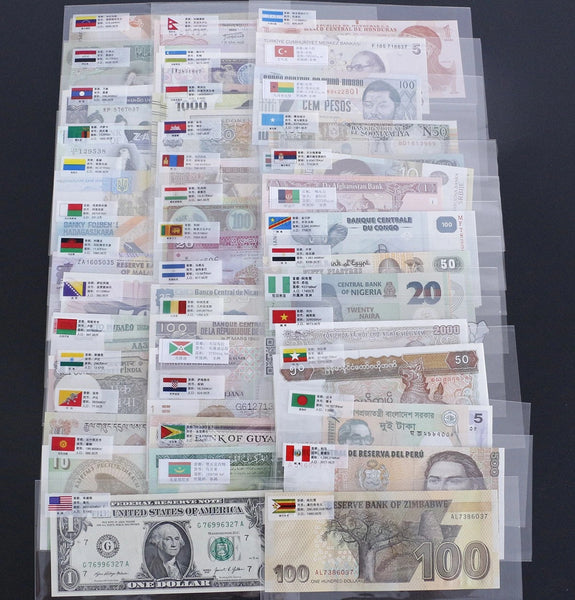 Collection of 100 uncirculated banknotes from 50 countries in labelled sleeves