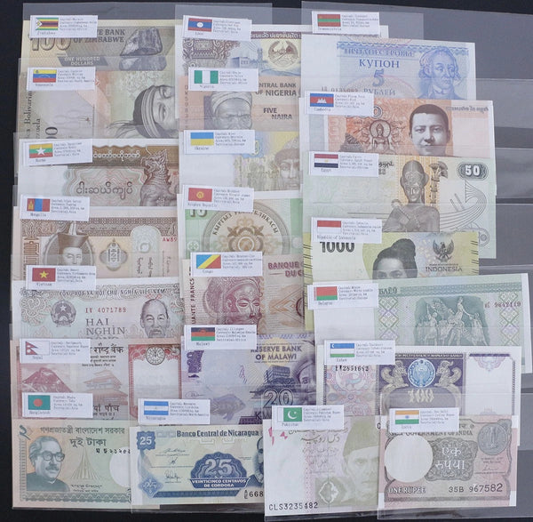 Collection of 50 uncirculated banknotes from 25 countries in labelled sleeves