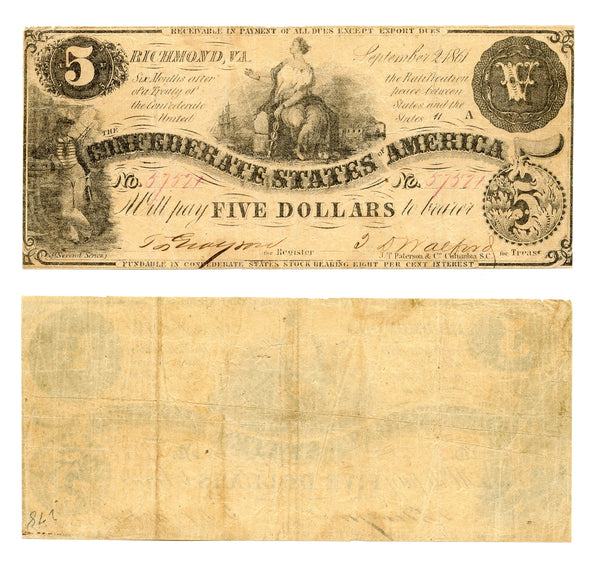 5$ Confederate States of America - 1862, series 2 (T-36 #278)