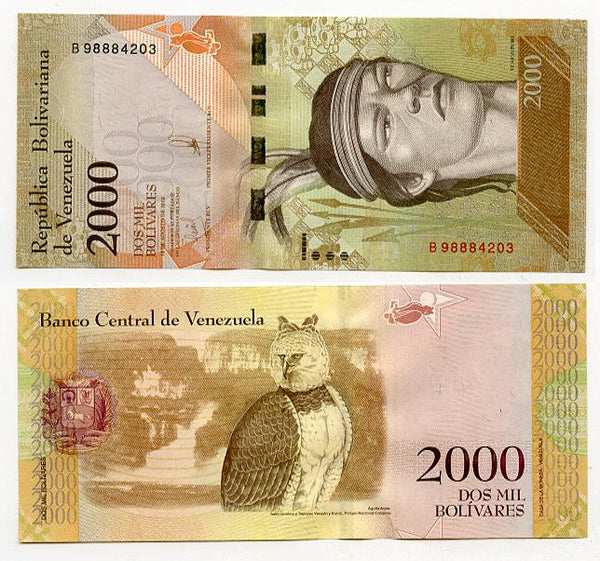 Uncirculated 2000 bolivars banknote, 2016, Venezuela