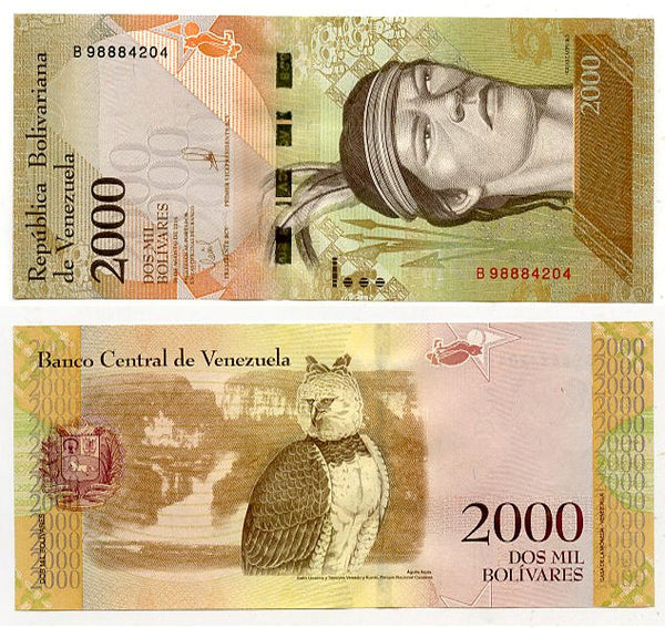 Uncirculated 2000 bolivars banknote, 2016, Venezuela